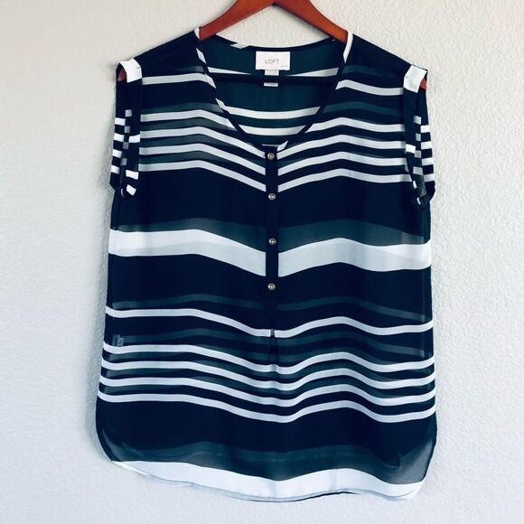 LOFT Ann Taylor Navy Blue Sheer Striped Loose Top SP - Picture 1 of 5